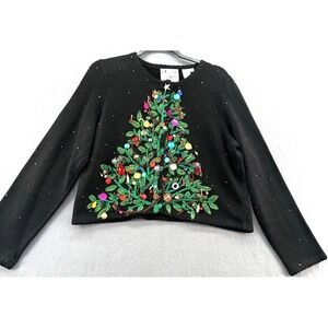 VTG Michael Simon Sweater Womens Large Black Christmas Tree Ornaments Cardigan